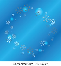 Round frame or border Christmas background with random scatter falling silver snowflakes, blue blurred lights and sparkles on a blue background