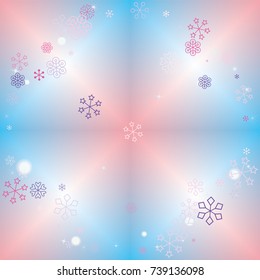 Round frame or border Christmas background with random scatter falling colorful snowflakes, bright lights and sparkles on a blue and pink blurred background