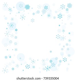 Round frame or border Christmas background with random scatter falling turquoise snowflakes and blue polka dots isolated on white.