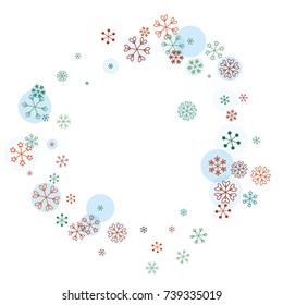Round frame or border Christmas background with random scatter falling colorful snowflakes and blue polka dots isolated on white.