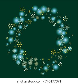 Round frame or border Christmas background with random scatter falling golden snowflakes and blue blurred lights on a dark green background.
