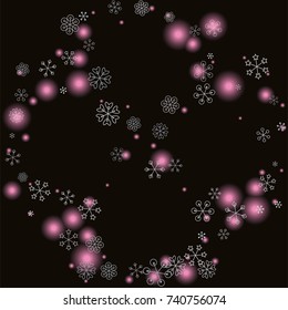 Round frame or border Christmas background with random scatter falling silver snowflakes and pink blurred lights isolated on black