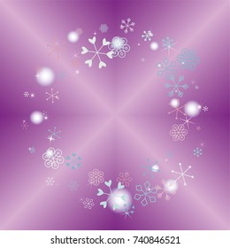 Round frame or border Christmas background with random scatter falling colorful snowflakes, blurred lights and sparkles on a lilac gradient background
