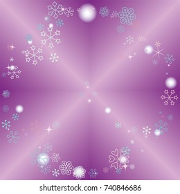 Round frame or border Christmas background with random scatter falling colorful snowflakes, blurred lights and sparkles on a lilac gradient background