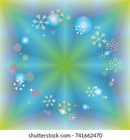 Round frame or border Christmas background with random scatter falling colorful snowflakes and bright lights and sparkles on a blue and green background.