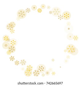 Round frame or border Christmas background with random scatter falling golden snowflakes and yellow polka dots isolated on white.
