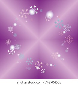 Round frame or border Christmas background with random scatter falling colorful snowflakes, blurred lights and sparkles on a lilac gradient background