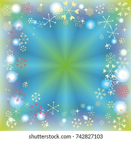 Round frame or border Christmas background with random scatter falling colorful snowflakes and bright lights and sparkles on a blue and green background.