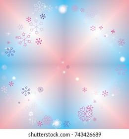 Round frame or border Christmas background with random scatter falling colorful snowflakes, bright lights and sparkles on a blue and pink blurred background