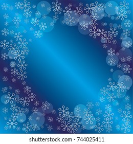 Round frame or border Christmas background with random scatter falling silver snowflakes and blue polka dots on a navy blue background.