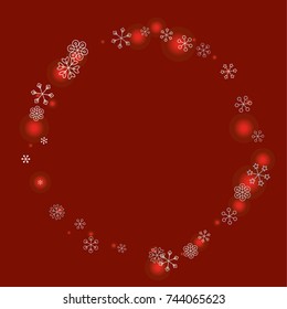 Round frame or border Christmas background with random scatter falling silver snowflakes and red blurred lights on a burgundy background.