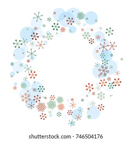 Round frame or border Christmas background with random scatter falling colorful snowflakes and blue polka dots isolated on white.