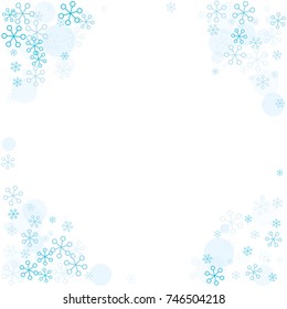 Round frame or border Christmas background with random scatter falling turquoise snowflakes and blue polka dots isolated on white.