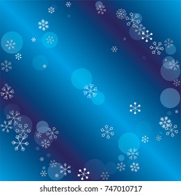 Round frame or border Christmas background with random scatter falling silver snowflakes and blue polka dots on a navy blue background.