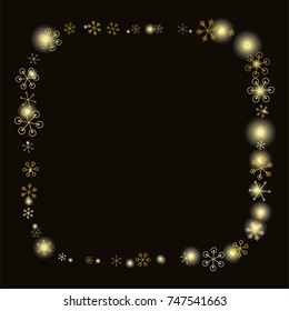 Round frame or border Christmas background with random scatter falling gold snowflakes and yellow blurred lights isolated on black.