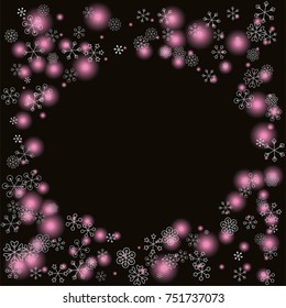 Round frame or border Christmas background with random scatter falling silver snowflakes and pink blurred lights isolated on black