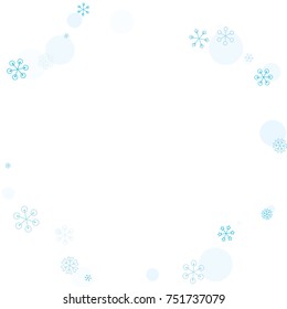 Round frame or border Christmas background with random scatter falling turquoise snowflakes and blue polka dots isolated on white.