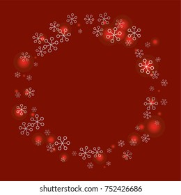 Round frame or border Christmas background with random scatter falling silver snowflakes and red blurred lights on a burgundy background.