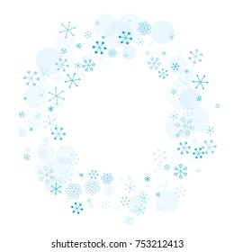 Round frame or border Christmas background with random scatter falling turquoise snowflakes and blue polka dots isolated on white.