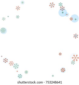 Round frame or border Christmas background with random scatter falling colorful snowflakes and blue polka dots isolated on white.