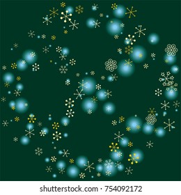 Round frame or border Christmas background with random scatter falling golden snowflakes and blue blurred lights on a dark green background.