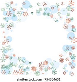 Round frame or border Christmas background with random scatter falling colorful snowflakes and blue polka dots isolated on white.