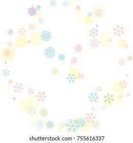 Round frame or border Christmas background with random scatter falling colorful snowflakes and yellow polka dots isolated on white.