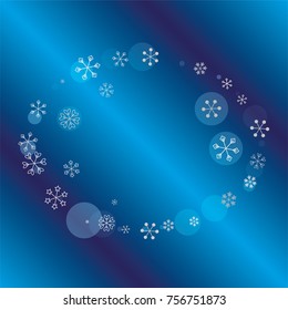 Round frame or border Christmas background with random scatter falling silver snowflakes and blue polka dots on a navy blue background.
