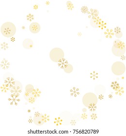 Round frame or border Christmas background with random scatter falling golden snowflakes and yellow polka dots isolated on white.