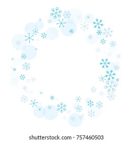 Round frame or border Christmas background with random scatter falling turquoise snowflakes and blue polka dots isolated on white.