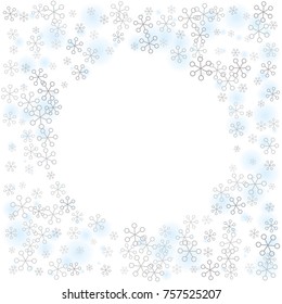 Round frame or border Christmas background with random scatter falling silver snowflakes and blue blurred dots isolated on white.