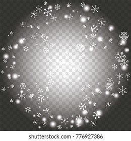 Round frame or border Christmas background with random scatter falling white snowflakes and light blurred dots on a transparent background.