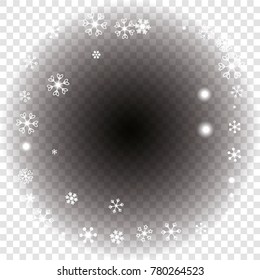 Round frame or border Christmas background with random scatter falling white snowflakes and light blurred dots on a transparent background.