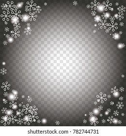 Round frame or border Christmas background with random scatter falling white snowflakes and light blurred dots on a transparent background.