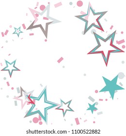 Round frame or border Christmas colorful stars confetti falling, isolated on white. Magic shining flying stars and glitter dots sparkle cosmic backdrop