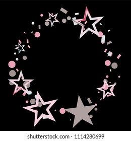 Round frame or border Christmas colorful stars confetti falling, isolated on black. Magic shining flying stars and glitter dots sparkle cosmic backdrop