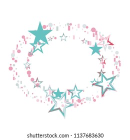 Round frame or border Christmas colorful stars confetti falling, isolated on white. Magic shining flying stars and glitter dots sparkle cosmic backdrop