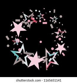 Round frame or border Christmas colorful stars confetti falling, isolated on black. Magic shining flying stars and glitter dots sparkle cosmic backdrop