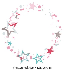 Round frame or border Christmas colorful stars confetti falling, isolated on white. Magic shining flying stars and glitter dots sparkle cosmic backdrop