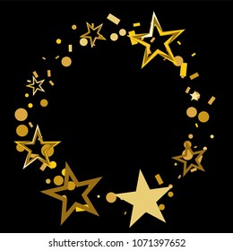 Round frame or border Christmas gold stars confetti falling, isolated on black. Magic shining flying stars and glitter dots sparkle cosmic backdrop
