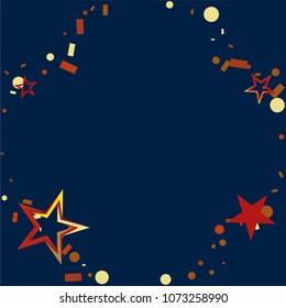 Round frame or border Christmas gold and red stars confetti falling, on a deep blue background. Magic shining flying stars and glitter dots sparkle cosmic backdrop