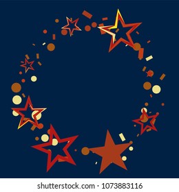 Round frame or border Christmas gold and red stars confetti falling, on a deep blue background. Magic shining flying stars and glitter dots sparkle cosmic backdrop