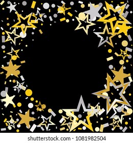 Round frame or border Christmas gold and silver stars confetti falling, isolated on black. Magic shining flying stars and glitter dots sparkle cosmic backdrop