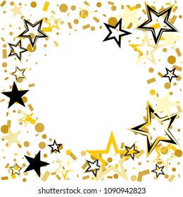Round frame or border Christmas gold and black stars confetti falling, isolated on white. Magic shining flying stars and glitter dots sparkle cosmic backdrop