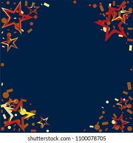 Round frame or border Christmas gold and red stars confetti falling, on a deep blue background. Magic shining flying stars and glitter dots sparkle cosmic backdrop
