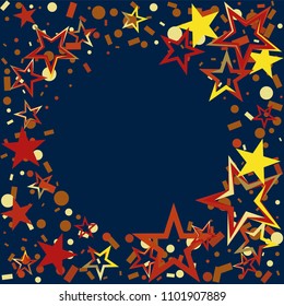 Round frame or border Christmas gold and red stars confetti falling, on a deep blue background. Magic shining flying stars and glitter dots sparkle cosmic backdrop