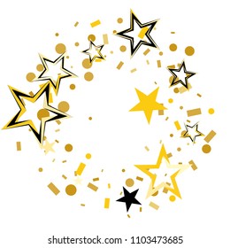 Round frame or border Christmas gold and black stars confetti falling, isolated on white. Magic shining flying stars and glitter dots sparkle cosmic backdrop