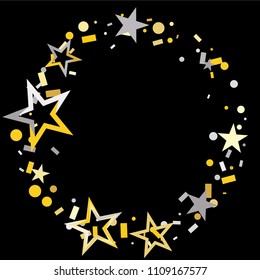 Round frame or border Christmas gold and silver stars confetti falling, isolated on black. Magic shining flying stars and glitter dots sparkle cosmic backdrop