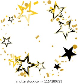 Round frame or border Christmas gold and black stars confetti falling, isolated on white. Magic shining flying stars and glitter dots sparkle cosmic backdrop