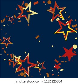 Round frame or border Christmas gold and red stars confetti falling, on a deep blue background. Magic shining flying stars and glitter dots sparkle cosmic backdrop